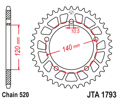 Hliníková řetězová rozeta JT JTA 1793-44BLK 44 zubů, 520 černá