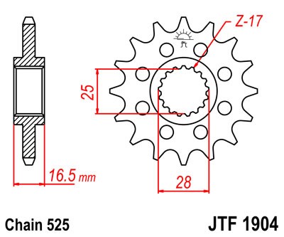 Řetězové kolečko JT JTF 1904-16RB 16 zubů, 525 pogumované