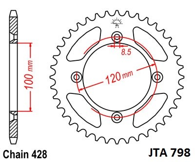 Hliníková řetězová rozeta JT JTA 798-52 52 zubů, 428